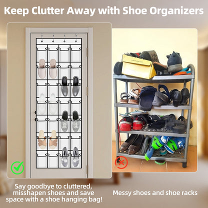 TORIO Over the Door Shoe Rack Organizer, 28 Large Pockets Hanging Shoe Organizer Adjustable & Easy to Install ¨C Space-Saving Storage for Small Spaces,White