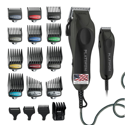 Series Platinum Corded Clipper & Corded Trimmer for Home Haircutting with Color Coded Guide Combs – Model