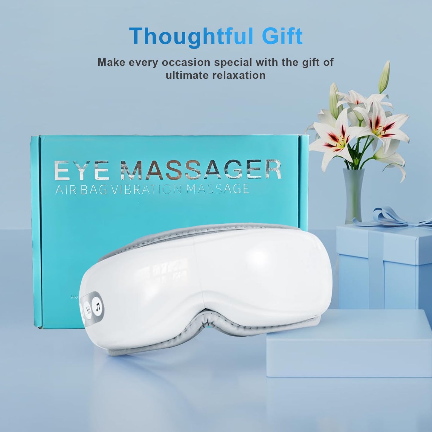 Kailwokk Eye Massager with Heat & Vibration – 5 Massage Modes, Bluetooth Music, Adjustable Headband Fathers Day Gifts - White