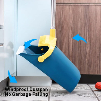 Broom and Dustpan Set, 51.2" Self-Cleaning with Dustpan Teeth for Pet Hair, Home, Kitchen, Blue