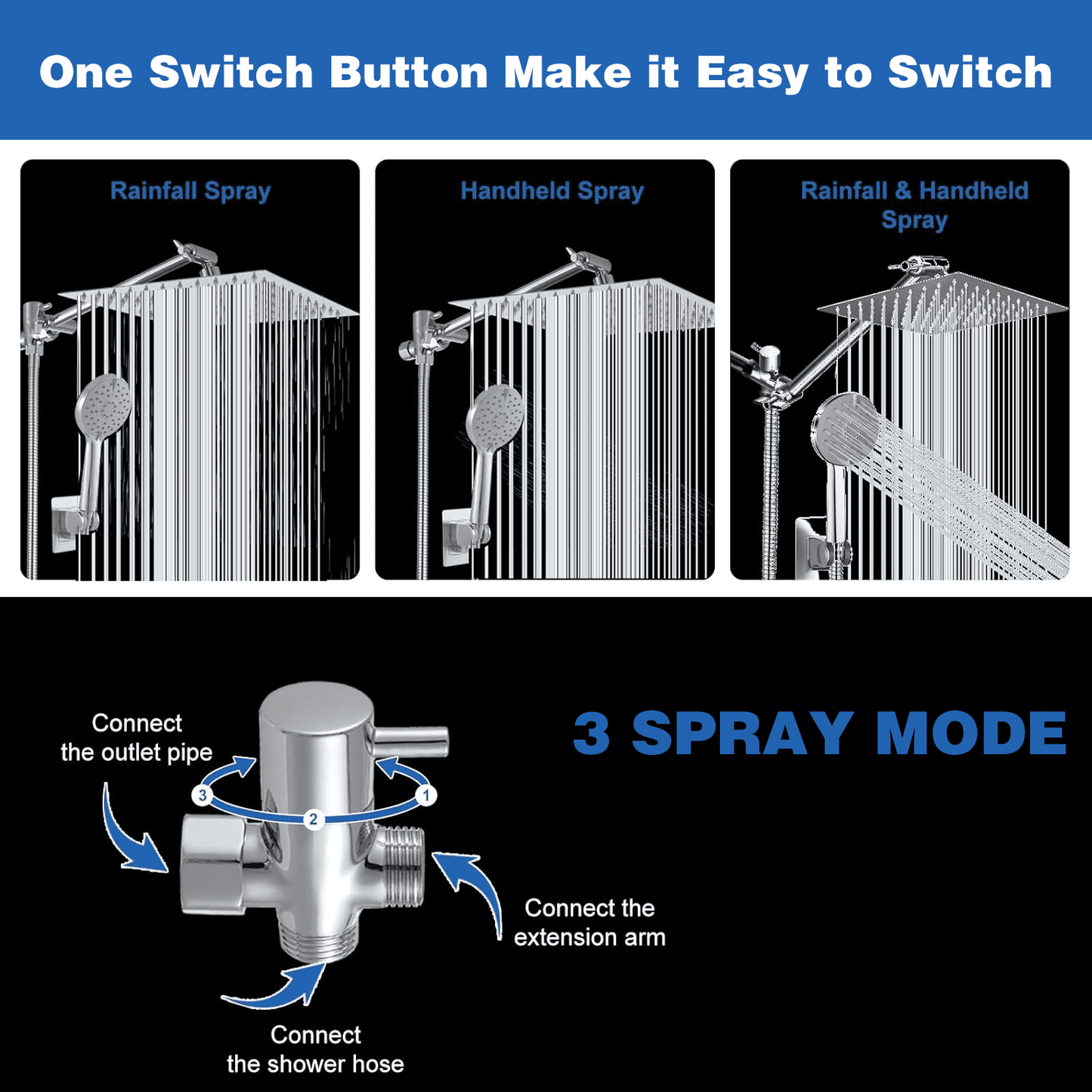 ATUPEN Shower Heads with Handheld Spray Combo, Rain Shower Head with Adjustable Extension Arm & 5 Settings Handheld