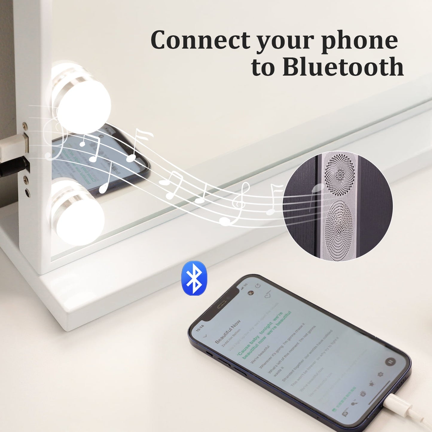 KOUSE Bluetooth Audio Makeup Mirror with LED Light - 3 Color Modes, Smart Touch Control and USB Charging Port - Desktop Makeup Mirror