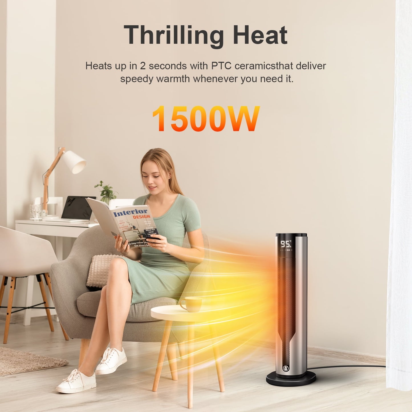 Space Heater Indoor, ATUPEN 1500W PTC Electric Heaters with Thermostat Remote, 70°Oscillation, 12H Timer, Fast Safety Ceramic Room Heater for Home Bedroom Office
