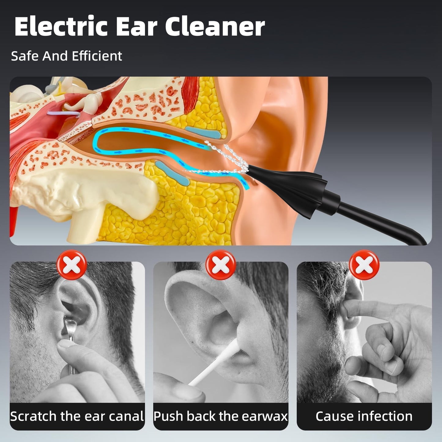 Ear Wax Removal - Electric Ear Cleaner with 4 Reusable Replacement Tips- Safe & Effective for Ear Wax Buildup - Electric Ear Cleaning Kit (Black)