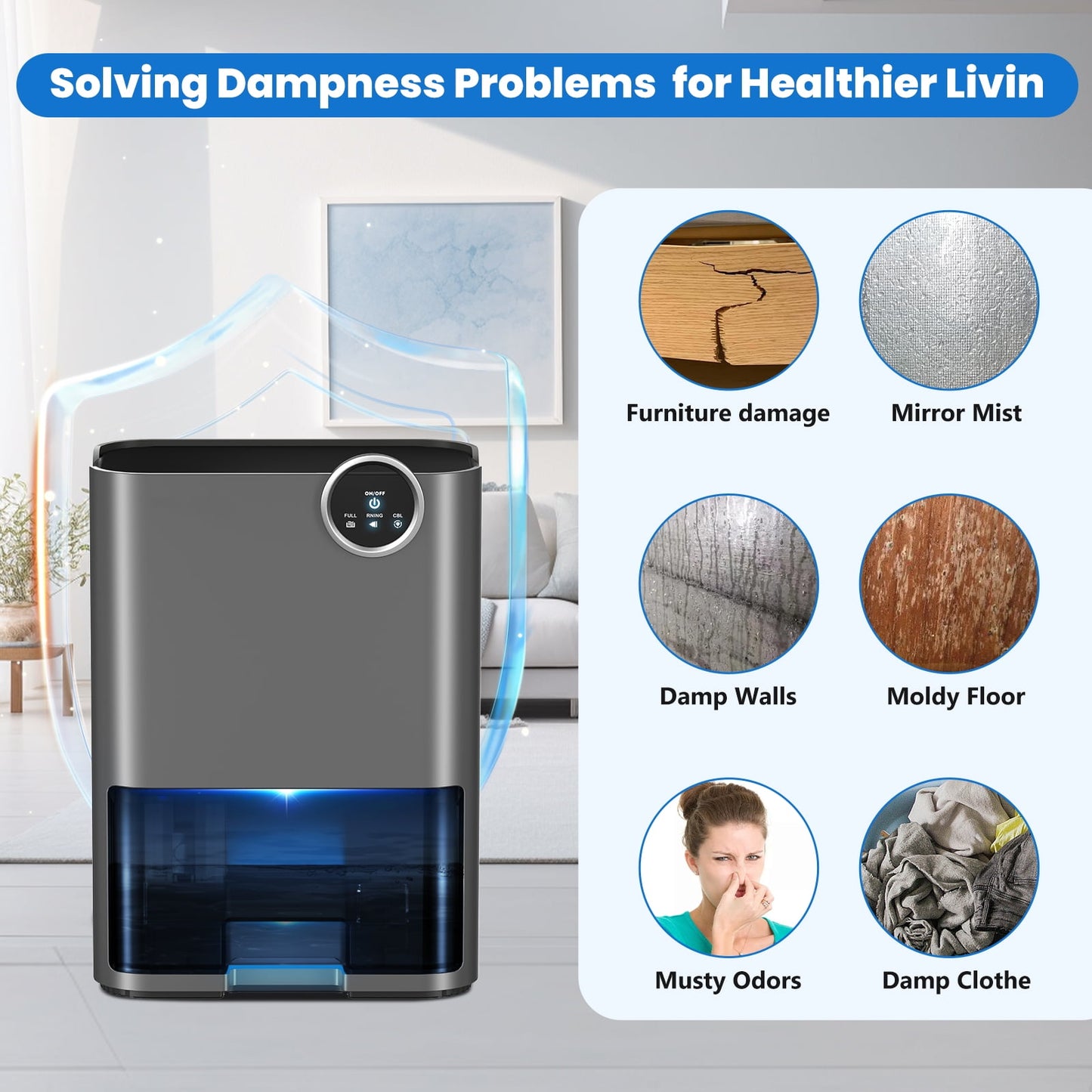 Dehumidifier for Home, 70 OZ Water Tank (500 sq ft) Auto Shut off Small Dehumidifiers for Bedroom Bathroom with 5 Colors LED Lights, Gray