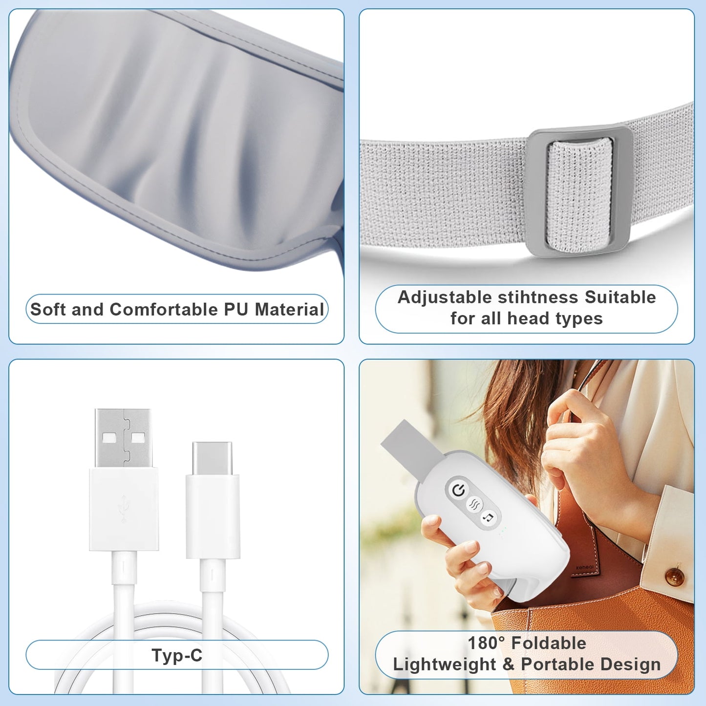Kailwokk Eye Massager with Heat & Vibration – 5 Massage Modes, Bluetooth Music, Adjustable Headband Fathers Day Gifts - White