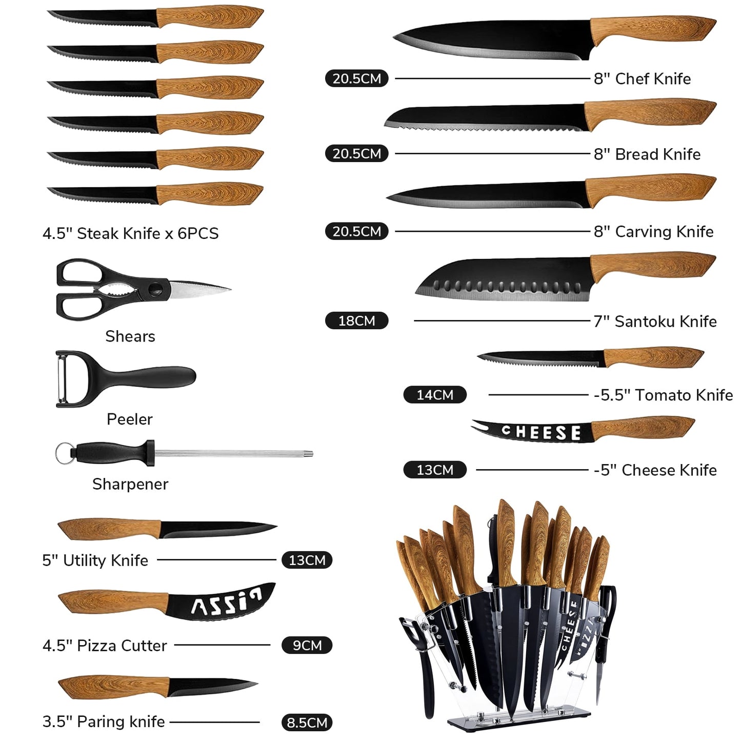 Kitchen Knife Set with Block, 19 PCS High Carbon Stainless Steel Sharp Serrated Steak Knives