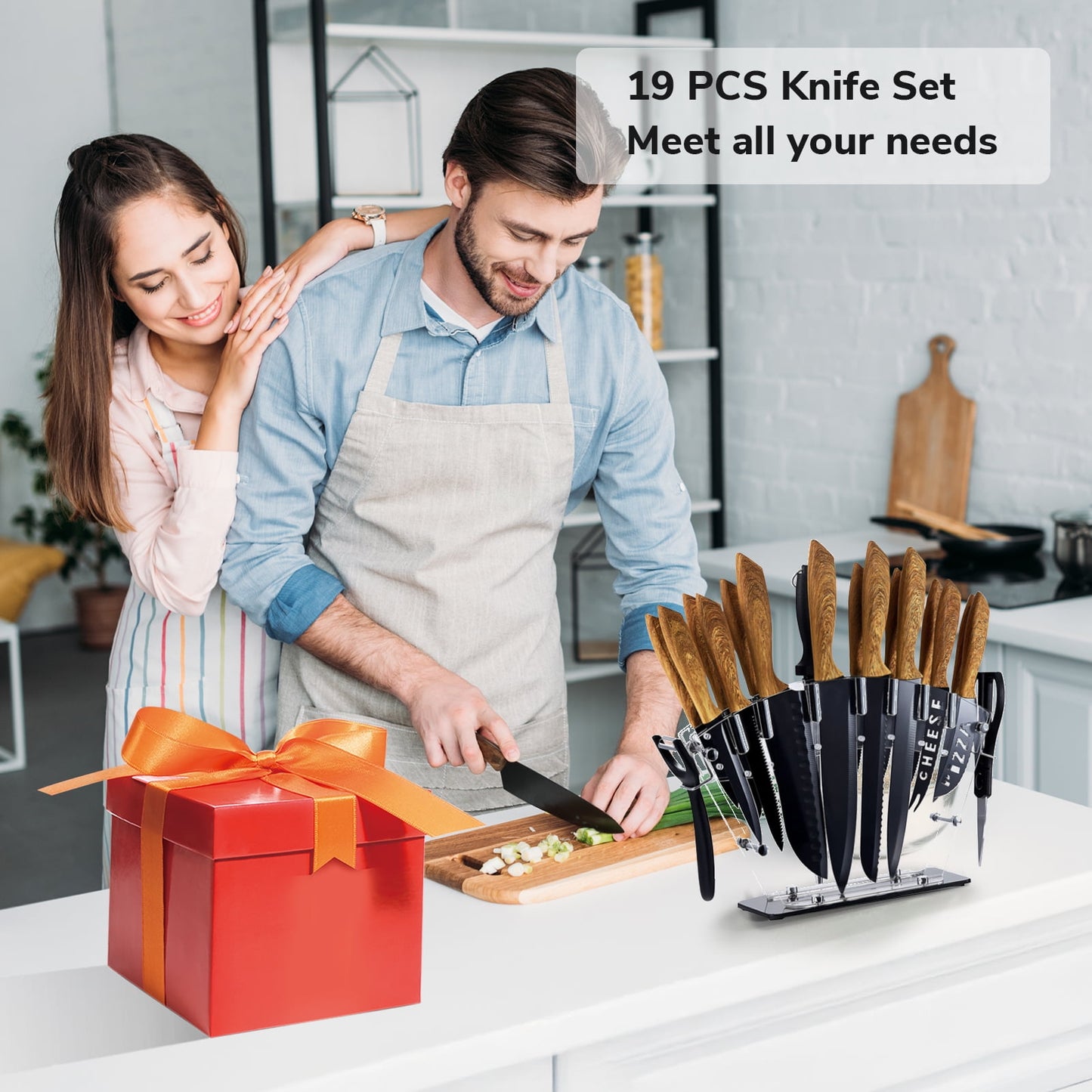 Kitchen Knife Set with Block, 19 PCS High Carbon Stainless Steel Sharp Serrated Steak Knives