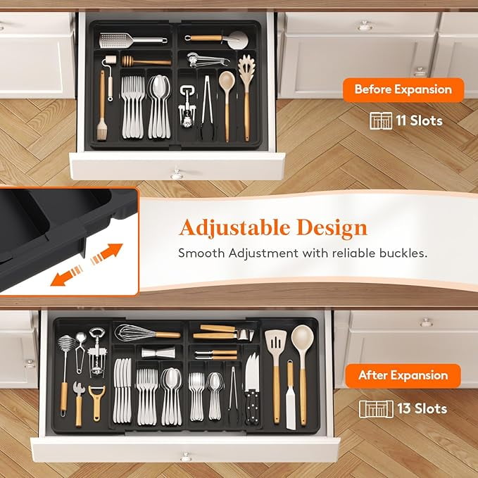 Silverware Drawer Organizer, Expandable Storage Cutlery Organizer, Kitchen Plastic Cutlery Tray for Spoon Fork Knife Holder Cutlery Storage Organizer Features