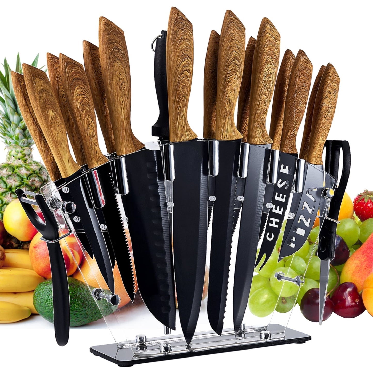 Kitchen Knife Set with Block, 19 PCS High Carbon Stainless Steel Sharp Serrated Steak Knives