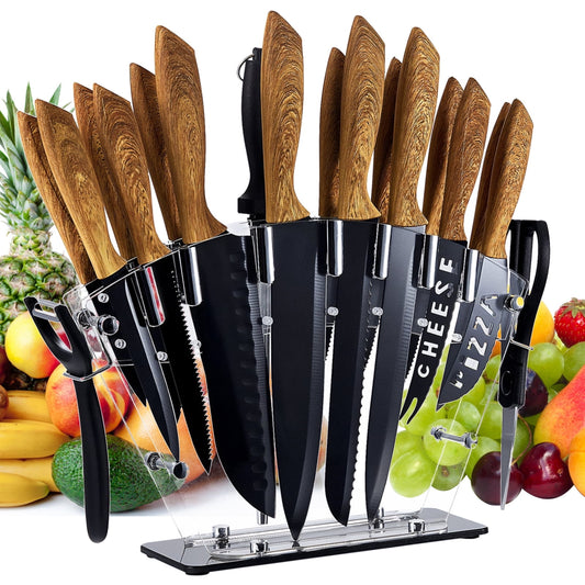 Kitchen Knife Set with Block, 19 PCS High Carbon Stainless Steel Sharp Serrated Steak Knives