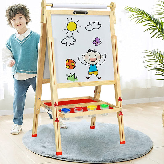 Art Easel for Kids Adjustable Standing Easel for Toddlers with Accessories, Magnetic Whiteboard & Chalkboard, Wooden Double Sided Drawing Board for Children, Beginners, Home, Classroom