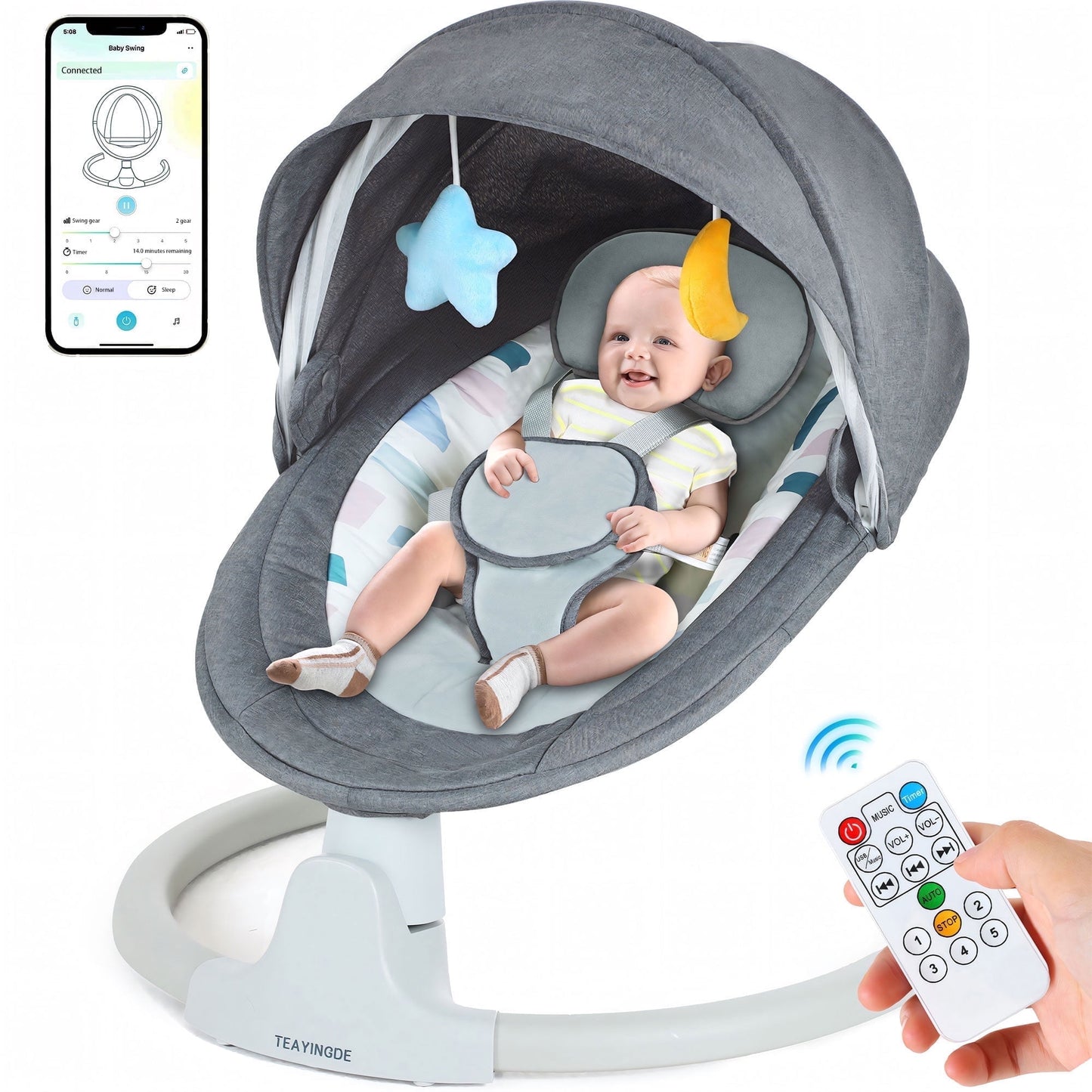 Baby Swing for Infants - APP Remote Bluetooth Control 10 Lullabies 5 Speed Settings USB Plug (Gray)