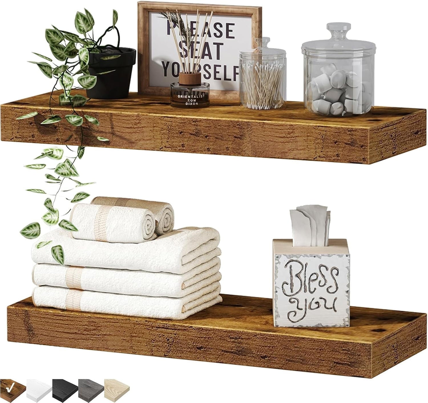 Bathroom Floating Shelves for Wall Shelf Over Toilet Wall Mounted Farmhouse Small 16 inch Set of 2 Rustic Brown (008-40BN)