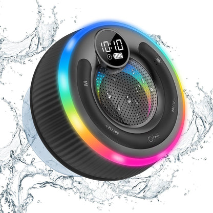 Bluetooth Speaker, HD Stereo Sound Shower Speaker, IPX7 Waterproof, Digital Display Portable Speaker with Suction Cup, LED Light, Small Wireless Speaker for Outdoor Party Beach Bathroom, Black