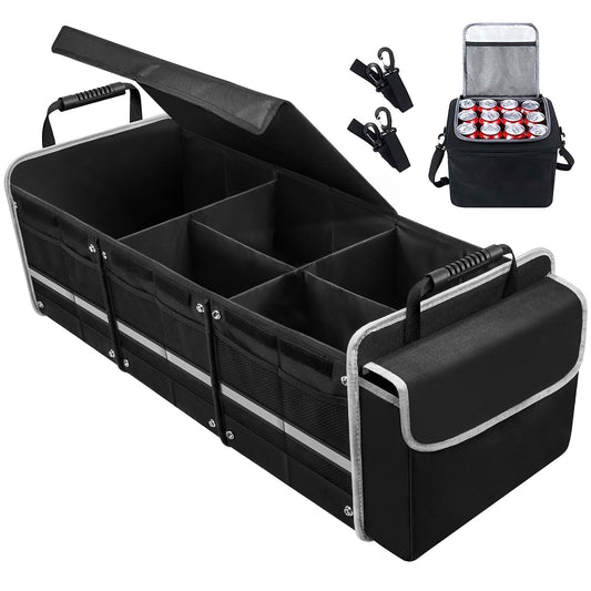 Car Storage Organizer Adjustable Securing Straps Collapsible Multi Compartment SUV Trunk Organizer with Leakproof Insulated Bag Foldable Cover