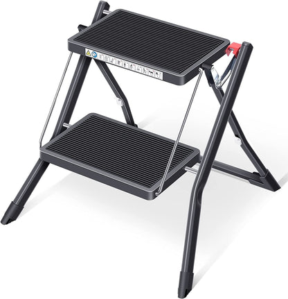 Folding Step, 2 Step Stepladder, Foldable,Step Stool with Release Button, Light Steel