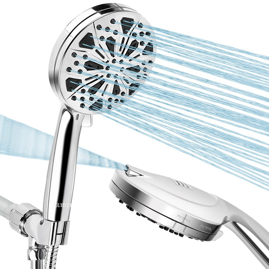 High Pressure Handheld Shower Head, 10-Mode with 5 ft Stainless Steel Hose and Adjustable Bracket , Built-in Power wash to Clean Pets , Tile & Tub-Chrome