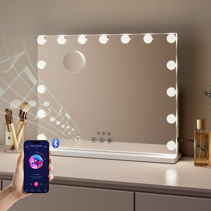 KOUSE Bluetooth Audio Makeup Mirror with LED Light - 3 Color Modes, Smart Touch Control and USB Charging Port - Desktop Makeup Mirror