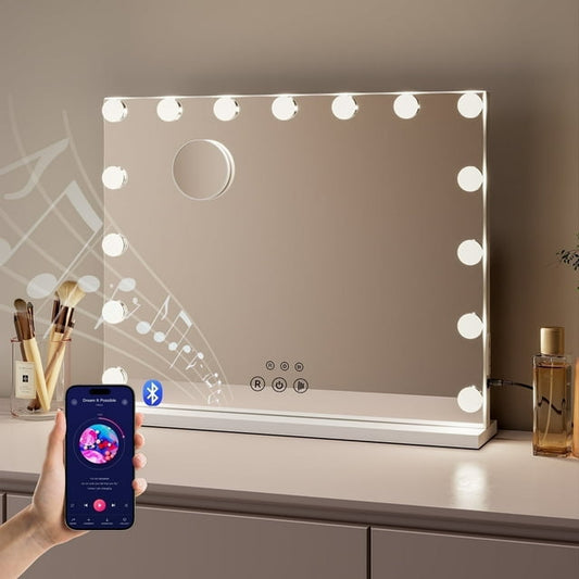 KOUSE Bluetooth Audio Makeup Mirror with LED Light - 3 Color Modes, Smart Touch Control and USB Charging Port - Desktop Makeup Mirror