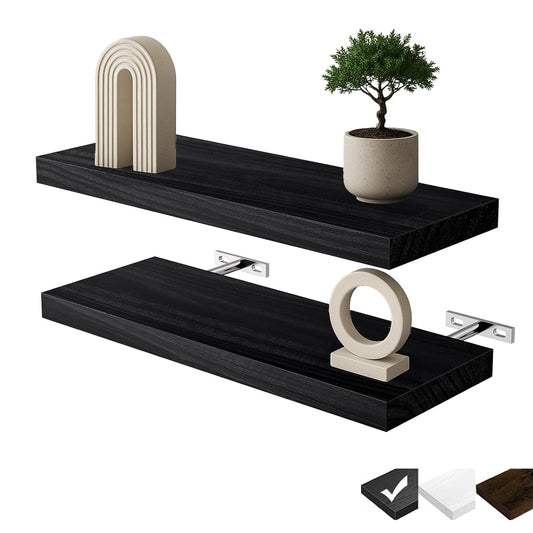 Floating Shelves for Wall, 16" Kailwokk Wood Wall Shelves, Holds 22lbs, Space-Saving for Bathroom Bedroom Kitchen(Black, Set of 2)