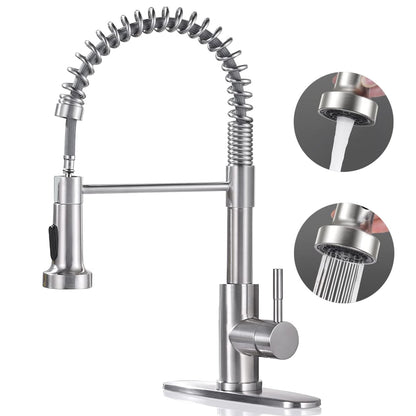 Kitchen Faucet with Pull Down Sprayer, Brushed Nickel Commercial Spring Kitchen Sink Single Handle Pull Out Sink Faucets with Deck Plate Suit to 1 or 3 Holes