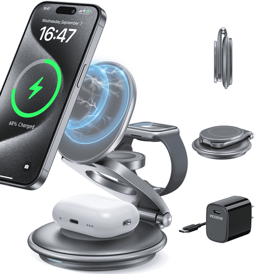 Magnetic Wireless Charger for Apple Devices - Foldable 3 in 1&nbsp;Fast Charging Station for iPhone 15 14 13 12 Pro/Max/Plus/Mini, AirPods Pro/3/2, iWatch 9/8/7/6/SE/5/4/3/2(Grey)