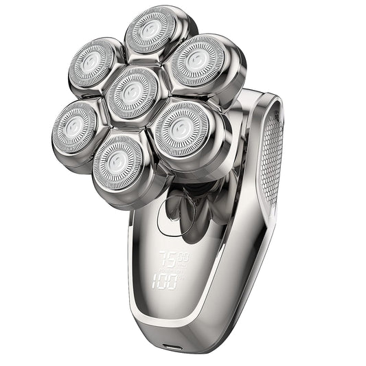 Shaver, Electric Razors Wet & Dry Waterproof 7D Rotary Shavers for Head and Face, Men's Electric Head Shavers Cordless, Type-C Charge, 2-Speed, LCD Battery Indicator