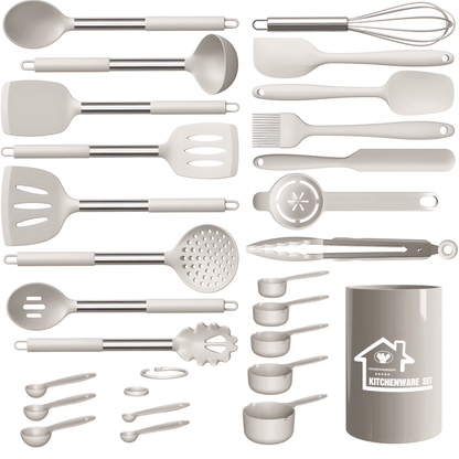 Aartvark Tees Kitchen Utensils Set,26 Piece Stainless Steel Silicone Cookware,Kitchen Spatula, Spoon, Turning Tongs, Brush, Whisk (Khaki)