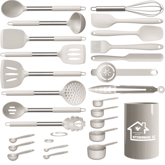 Aartvark Tees Kitchen Utensils Set,26 Piece Stainless Steel Silicone Cookware,Kitchen Spatula, Spoon, Turning Tongs, Brush, Whisk (Khaki)
