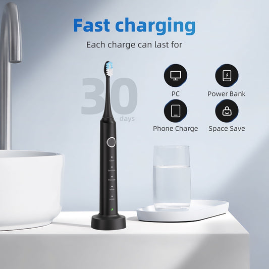 Sonic Electric Toothbrush: Rechargeable Travel Toothbrush with 6 Brush Heads & Travel Case, Smart Timer, 5 Modes