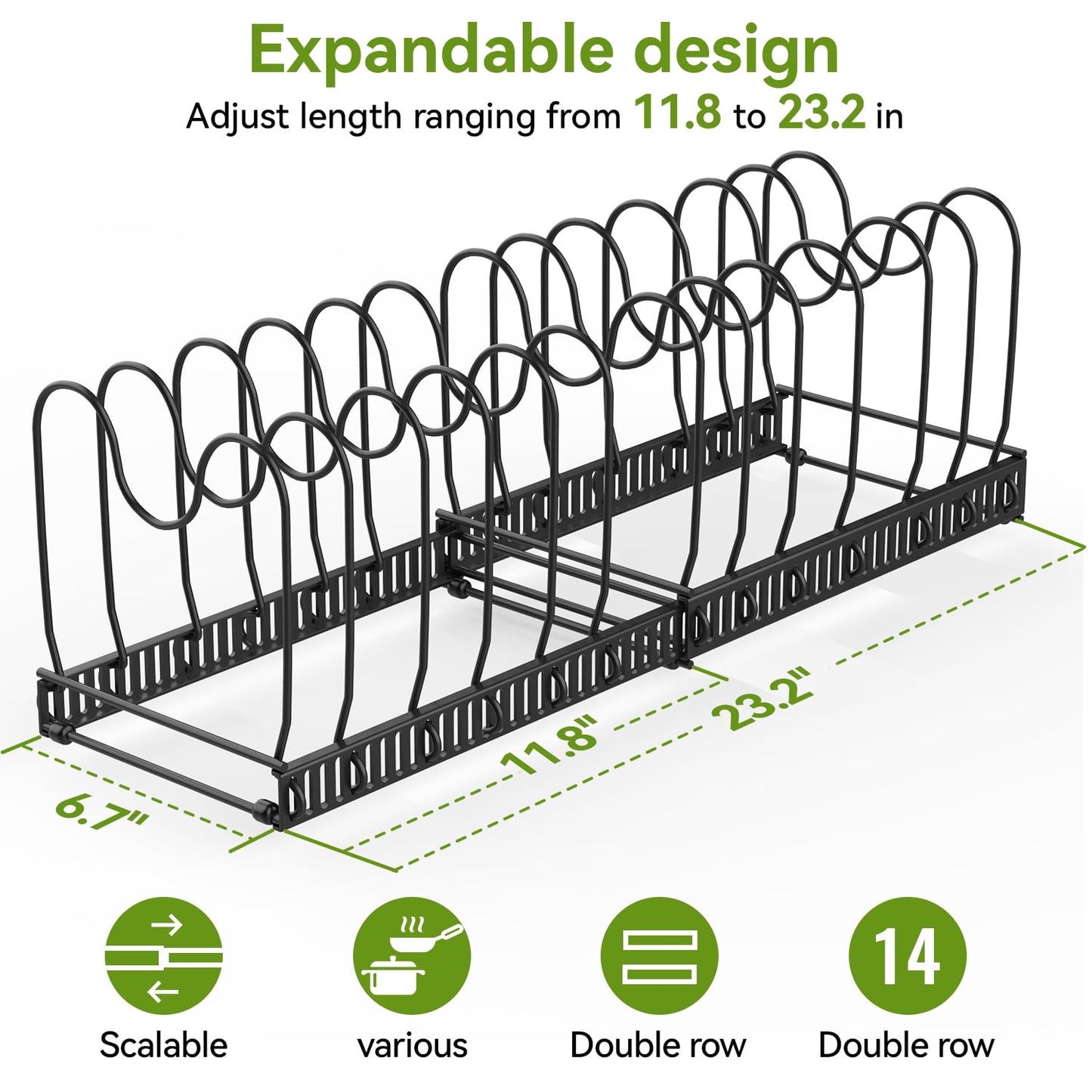 Expandable Pot and Pan Organizer for Cabinet, Pot Pan Rack for Kitchen Storage, Pot Lid Holder, 14 Adjustable Dividers, Apartment Must Haves