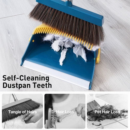 Broom and Dustpan Set, 51.2" Self-Cleaning with Dustpan Teeth for Pet Hair, Home, Kitchen, Blue