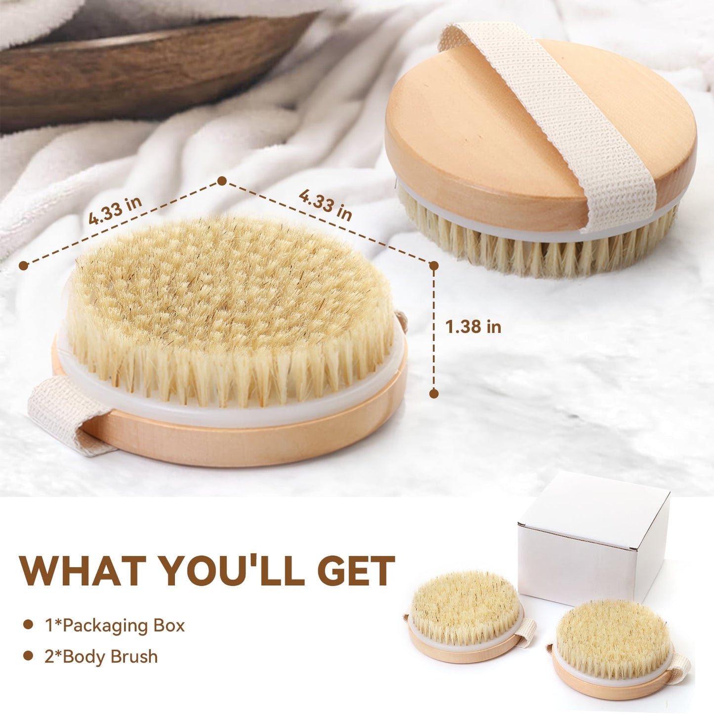 2 Pack Dry Body Brush,Natural Bristle Exfoliating Brush for Dry Skin,Improve Circulation,Lymphatic Drainage,Cellulite