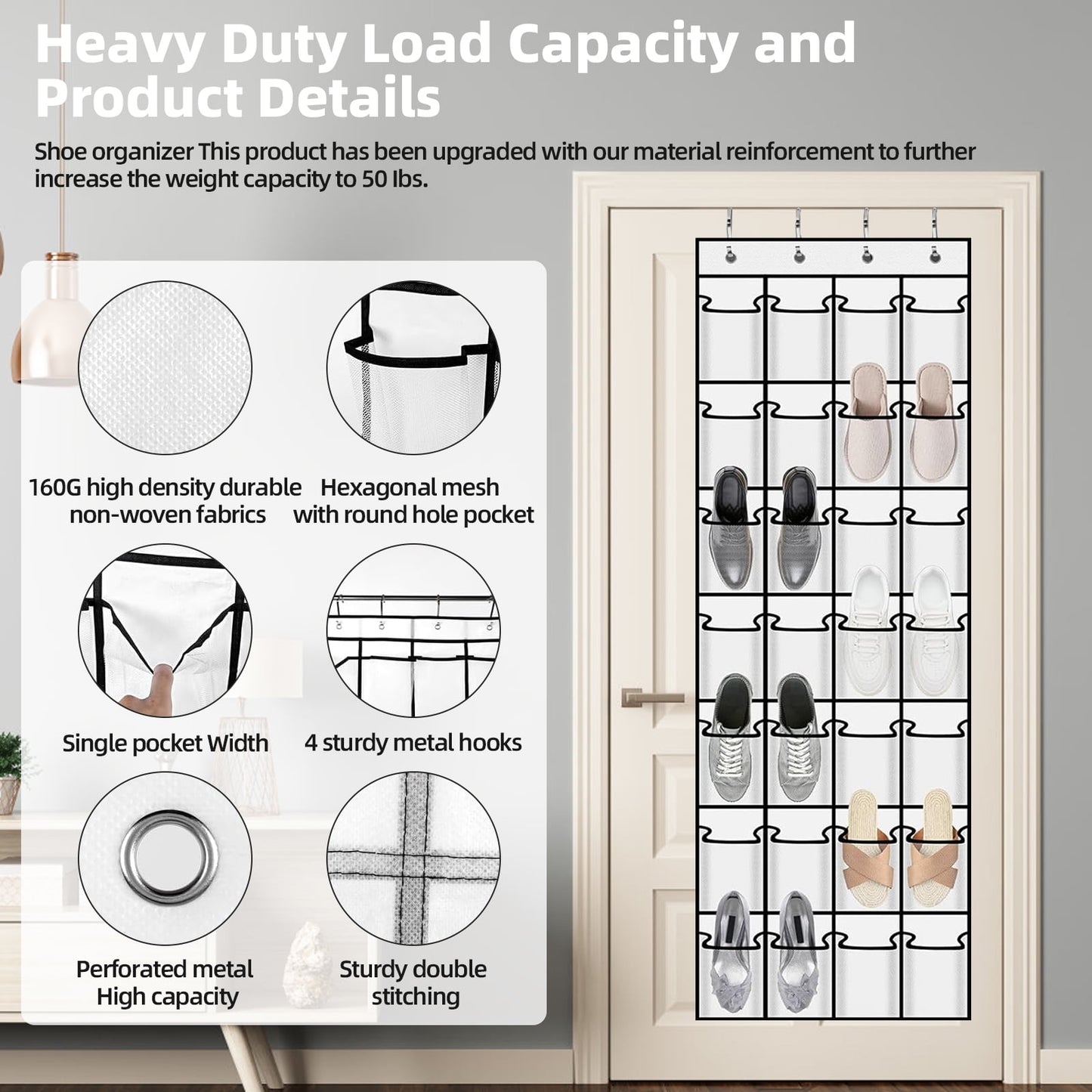 TORIO Over the Door Shoe Rack Organizer, 28 Large Pockets Hanging Shoe Organizer Adjustable & Easy to Install ¨C Space-Saving Storage for Small Spaces,White