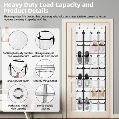 TORIO Over the Door Shoe Rack Organizer, 28 Large Pockets Hanging Shoe Organizer Adjustable & Easy to Install ¨C Space-Saving Storage for Small Spaces,White