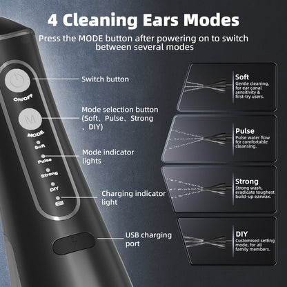 Ear Wax Removal - Electric Ear Cleaner with 4 Reusable Replacement Tips- Safe & Effective for Ear Wax Buildup - Electric Ear Cleaning Kit (Black)