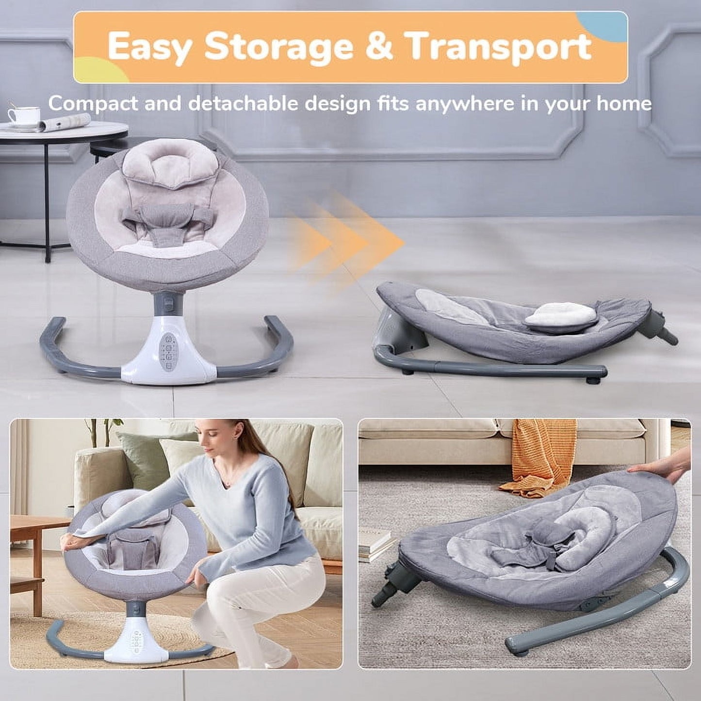 Kailwokk Electric Baby Swing for Infants, Portable Infant Swing with App Remote Bluetooth Control, 4 Sway Speeds, 12 Lullabies(Gray)