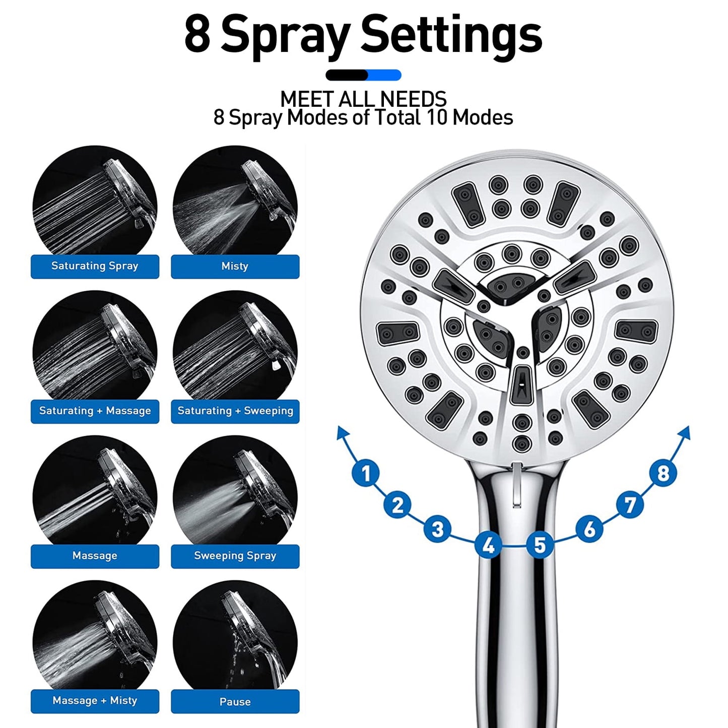 ATUPEN Shower Head with Handheld, High Pressure 10 Modes with 59" Stainless Steel Hose Adjustable Holder