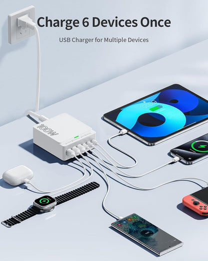 USB C Charger Block Charging Station: 100W 6 Port GaN Fast Charging Brick Hub - PD 3.0 Type C & USB A Charging Cube Box - Wall Charger Power Adapter for iPhone 16 Pro Max iPad Samsung Android Pixel