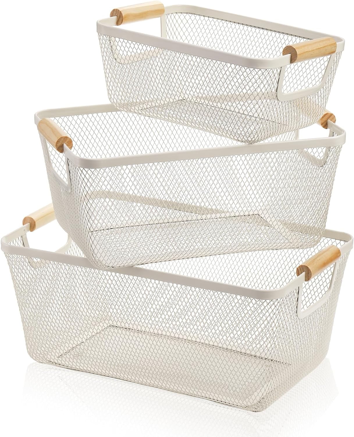 Metal Mesh Baskets with Wood Handle, Iron Storage Organizer Baskets,Cabinet Pantry Closet Bedroom Kitchen