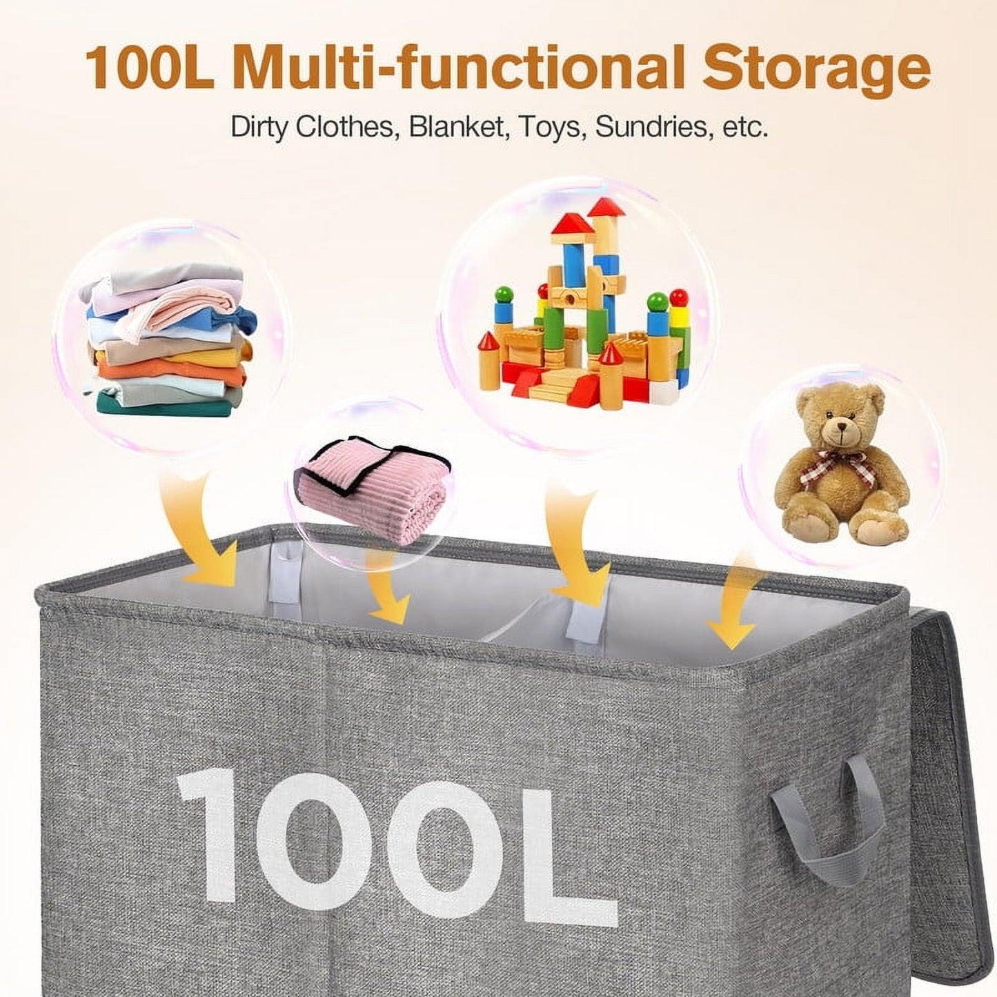Kailwokk Laundry Hamper, Large Collapsible Basket with Lid & Removable Bags for Bedroom Bathroom College, Gray