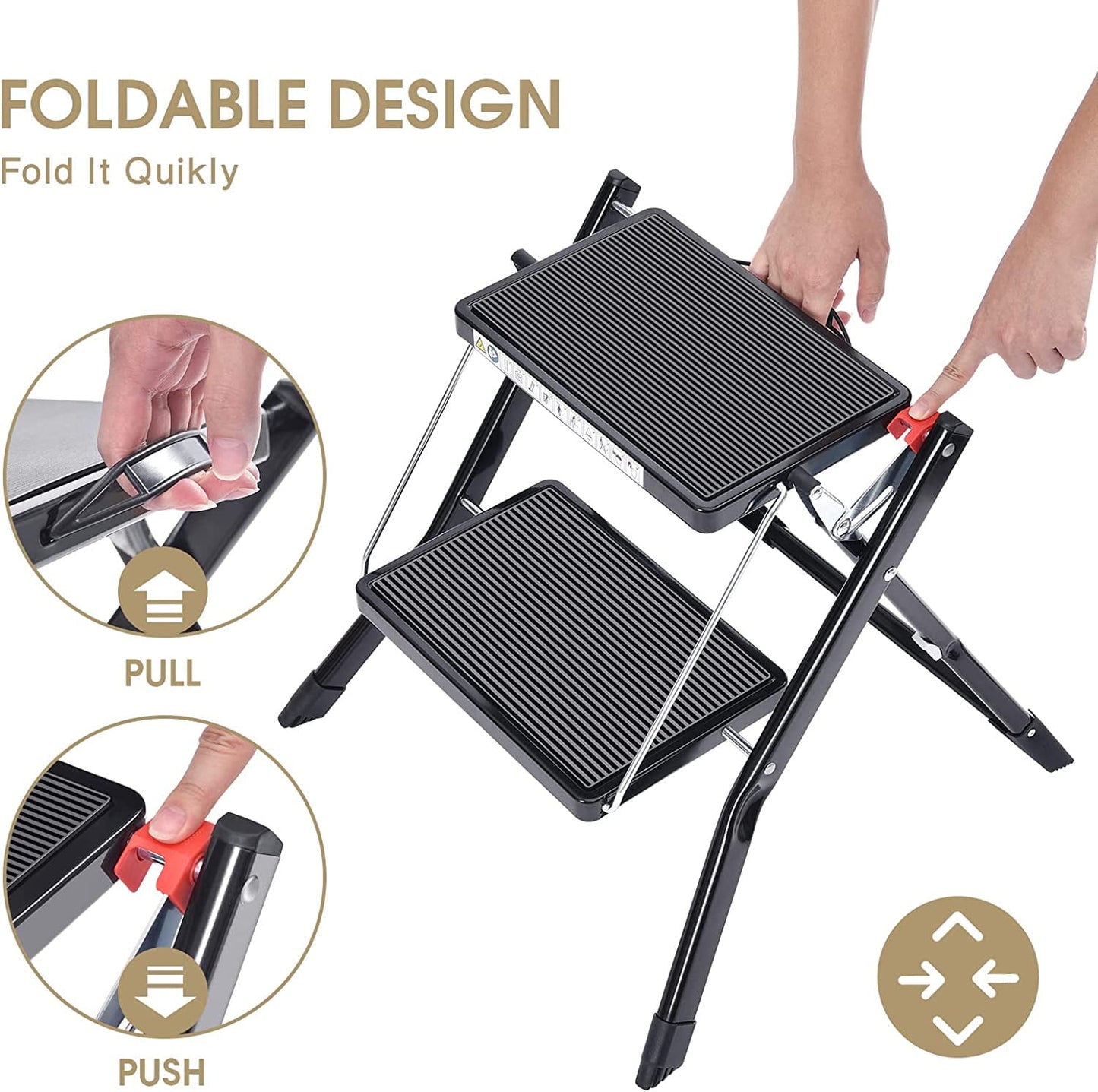 Folding Step, 2 Step Stepladder, Foldable,Step Stool with Release Button, Light Steel