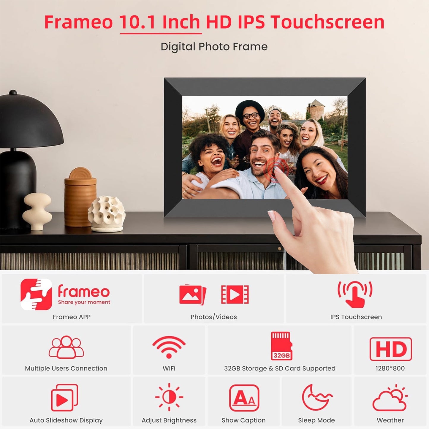 Frameo 10.1" WiFi Digital Picture Frame, 1280x800 HD IPS Touch Screen Photo Frame Electronic, Share Photos/Videos Instantly via from Anywhere