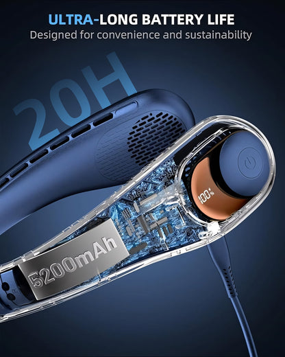Portable Neck Fan, Hands-Free Bladeless 3 Speeds 5200 mAh Personal Fan Gift for Women Men Dad