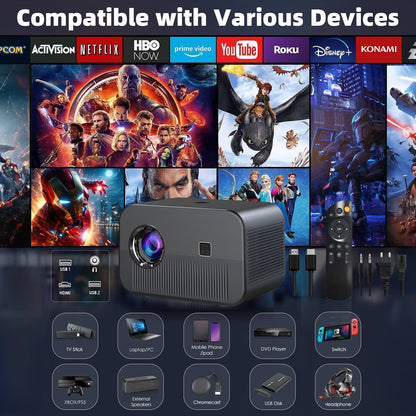 AMBLER 4K Projector with WiFi and Bluetooth, 20000L Native 1080P Outdoor Portable Movie Video Projector
