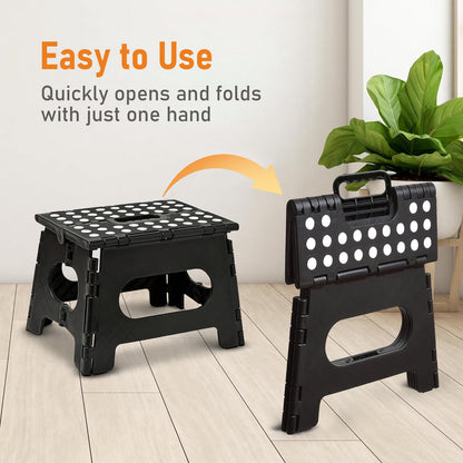 Kailwokk Folding Step Stool, 9'' Non-Slip Foldable Step Stool with Portable Handle for Adults and Kids Holds up to 300 lbs, Great for Kitchen, Bathroom or Bedroom (Black)