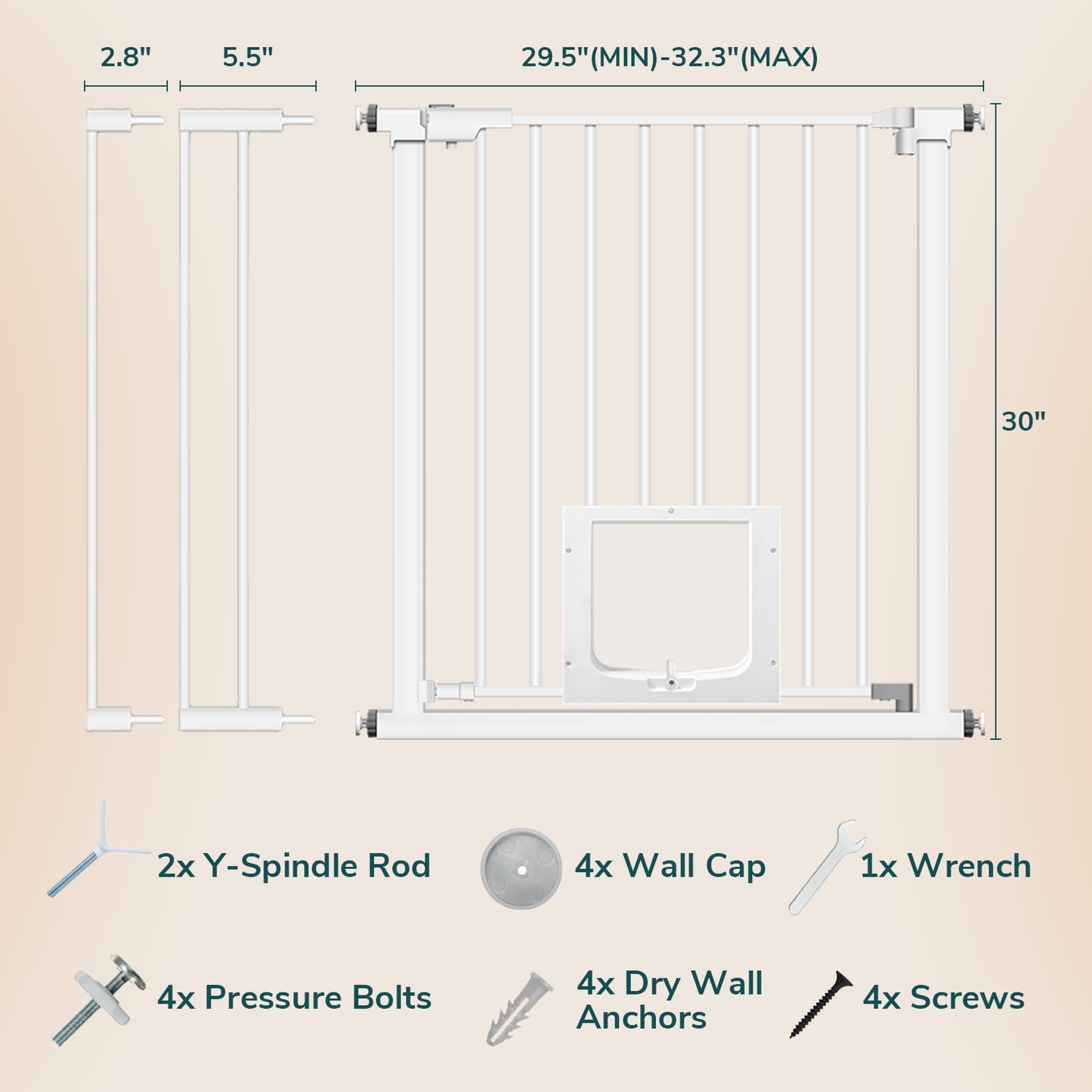 Extra Wide Baby Gate,29.5"-40.6" with Pet Door, Metal Dog Gate for Stairs & Doorways,Pressure Mount Gate for Ages 6 to 36 Months