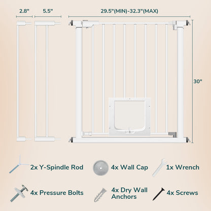 Extra Wide Baby Gate,29.5"-40.6" with Pet Door, Metal Dog Gate for Stairs & Doorways,Pressure Mount Gate for Ages 6 to 36 Months