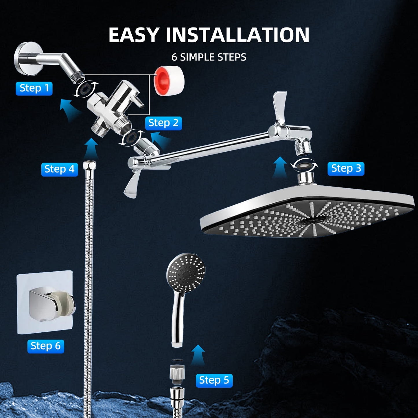 IJIL 12" Rain Shower Head, Handheld Spray Combo 6 Settings Adjustable High Pressure Dual Showerhead Silver Chrome